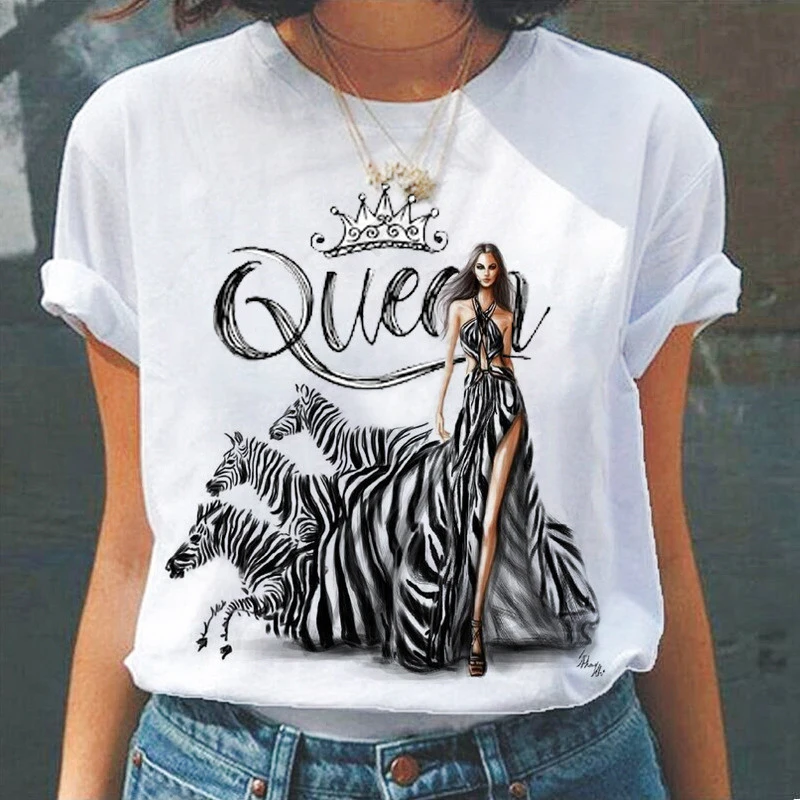 

Summer New Fashion Queen Letters Graphic Printed Women Harajuku T-shirt Short Sleeve Female Tshirts Girls Casual O-neck Tops Tee