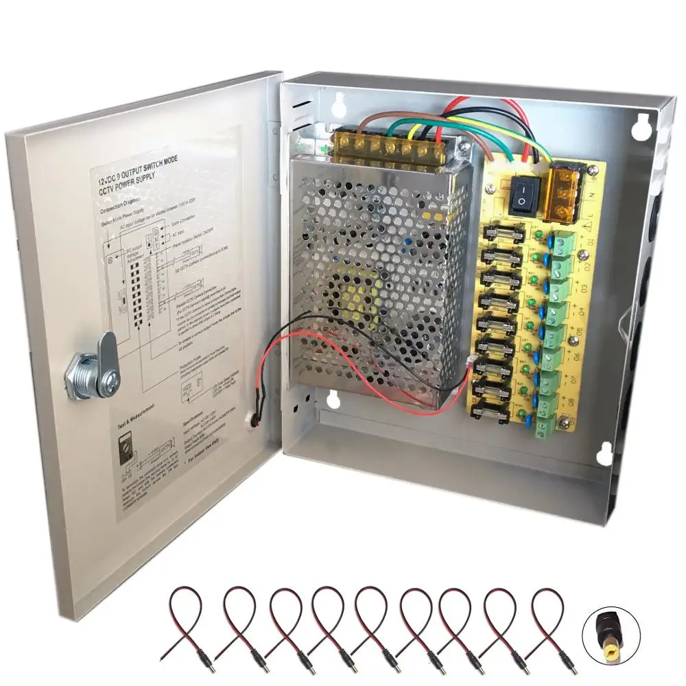

9CH DC12V 5A CCTV Camera Power Box Adapter Switching LED Power supply Box Distribution 9 channels Input AC 100-240V to DC 12V