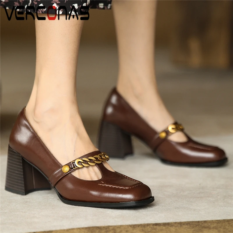 

VERCONAS Mature Retro Women Pumps 2021 Summer Autumn T-Tied Chain Genuine Leather Office Lady Square Toe Thick Heels Shoes Woman