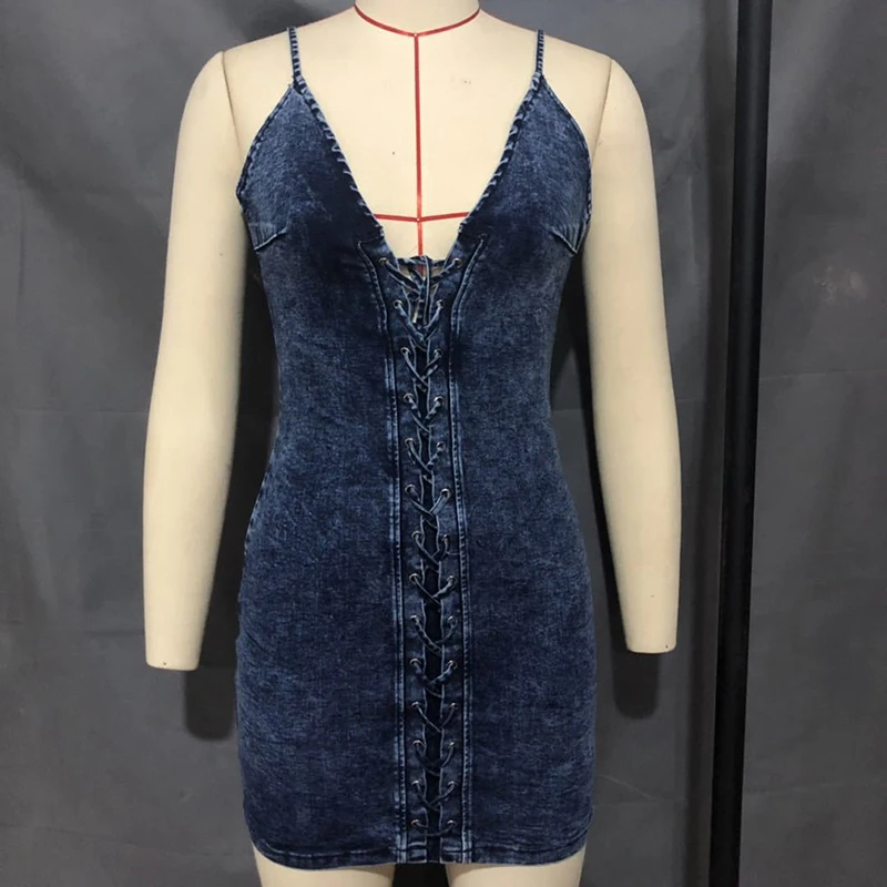 

New Arrive 2020 Women Summer Sexy Grey Drawstring Sling Sheath Denim Dresses Girls Sexy Club Street Wear Skinny Mini Denim Dress