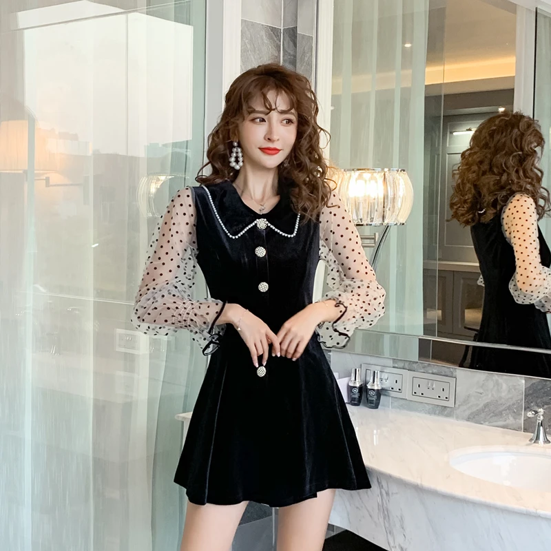 Черное платье в горошек стиле ретро сетчатые женские бусы-кукла облегающее