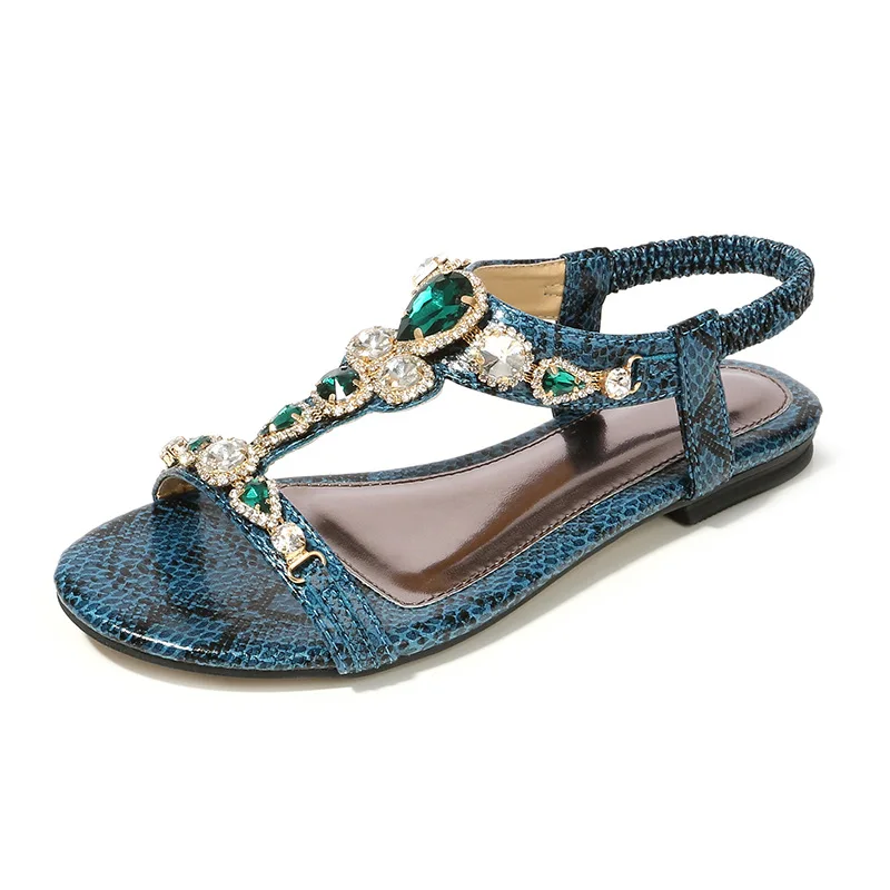 

2021 Summer New Sandals Green Retro Bohemian Rhinestone Beaded Snake Pattern Flat Sandals Comfortable Women's Shoes Size 35-45