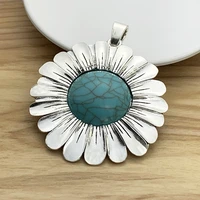 1 piece large sunflower flower faux stone silver color charms pendants for necklace jewelry making accessories