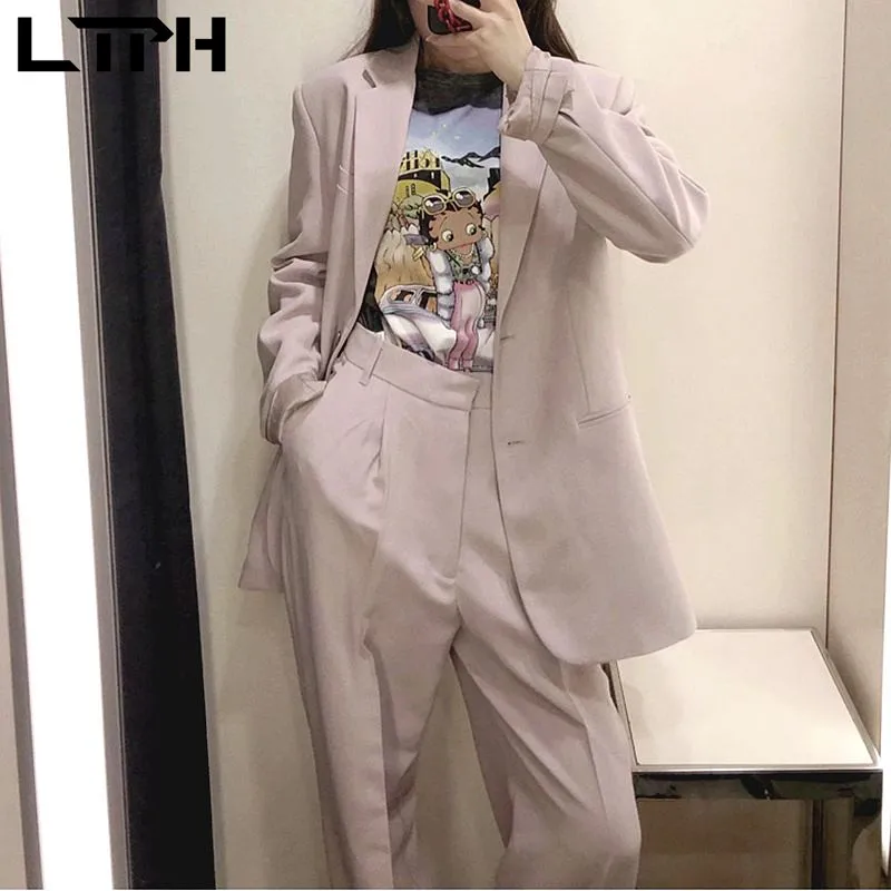 LTPH-Blazer rosa para mujer, conjunto de dos piezas, chaqueta holgada informal con bolsillos, traje de cintura alta, primavera 2021