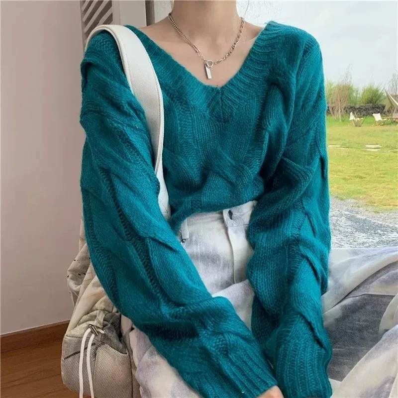 

Korean Style Crop Sweater Casual Autumn V Neck Long Sleeve Pullover Sweaters Streetwear Women Top 2020 New