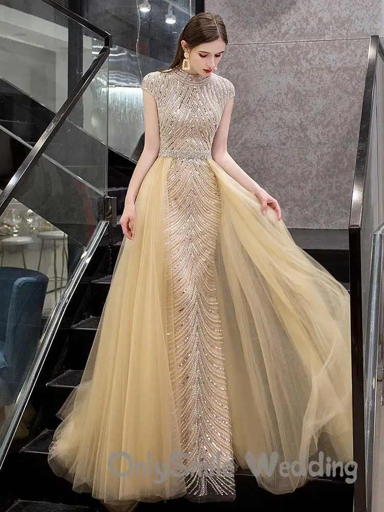 Dubai O-Neck Sleeveless Beading Evening Dresses 2019 Latest Design Nude Sexy Mermaid Formal Women Wear Evening Gowns