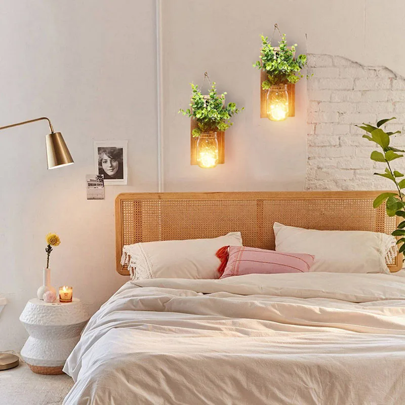 

2Pcs Mason Jar Wall Lights, Led String Light with Remote Control Artificial Flower&Wood Board,for Home Decoration