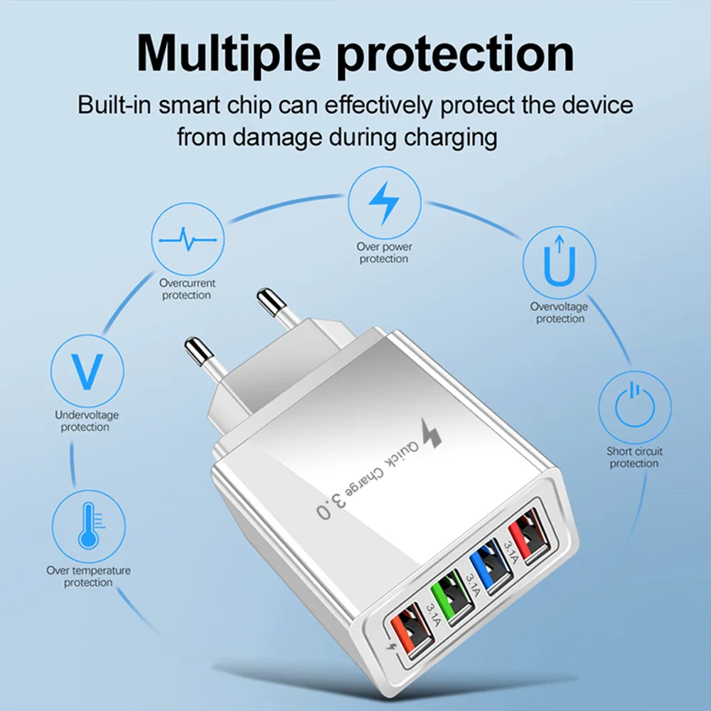 

4 USB Quick Charge 3.0 For iPhone Charger Wall Fast Charging For Samsung Xiaomi Huawei Mobile Phone Chargers Adapter