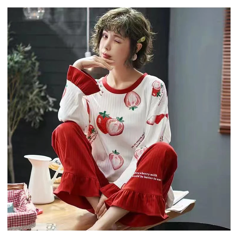 Осень зима 2021 Пижама женский милый пижамный комплект с рюшами домашняя одежда