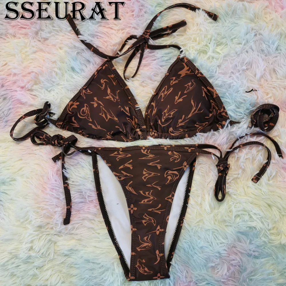 

SSEURAT Summer Swimwear Women Push-up Padded Bra Bandage Bikini Set Vintage Printed Swimsuit Triangle Swimsuit