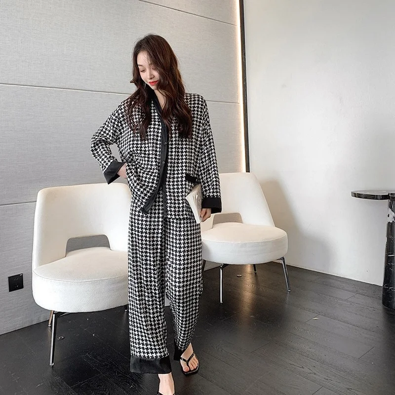 QWEEK Houndstooth Silk Like Pajamas for Women Autumn Elegant Pijama Female Bedroom Set 2 Piece Sleepwear Plaid Pyjama Loungewear