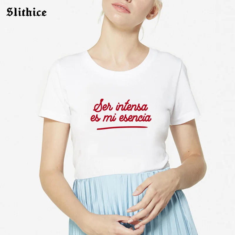 

Модная женская футболка с надписью BE INTENSE IS MY ESSENCE, футболка с принтом испанских букв, футболка с графическим принтом в стиле Харадзюку, женск...