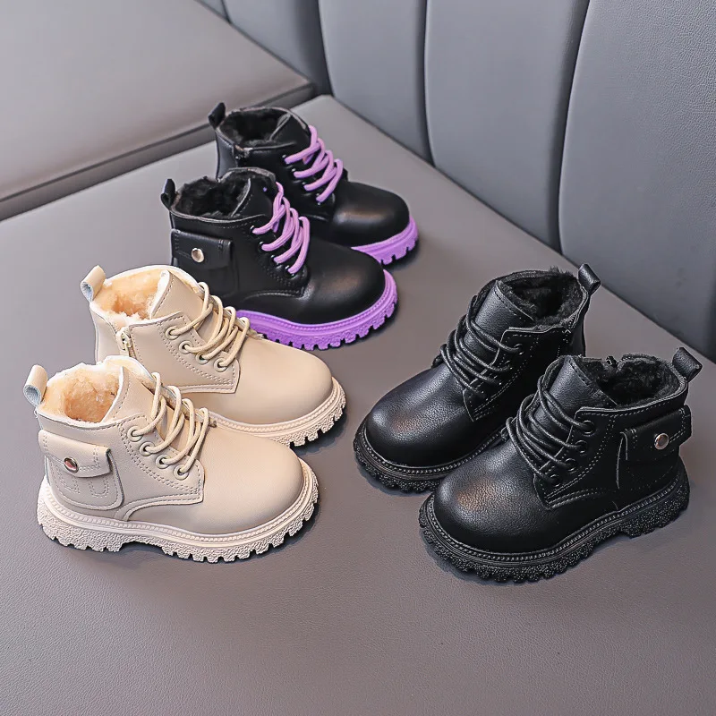 

Зимняя детская обувь с карманами, Меховые детские ботильоны, модные кожаные зимние ботинки, Нескользящие повседневные короткие ботинки для...