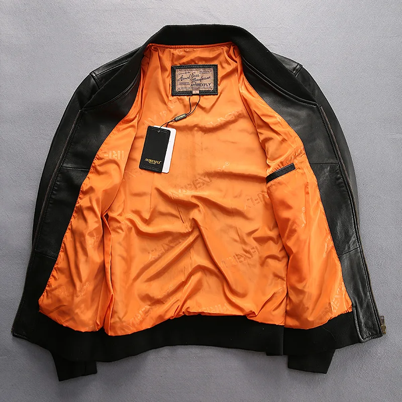 

baseball Fashion V-neck leather jacket men Semi-vegetable tanned sheeepskin balck leather coat for men style biker jacket male