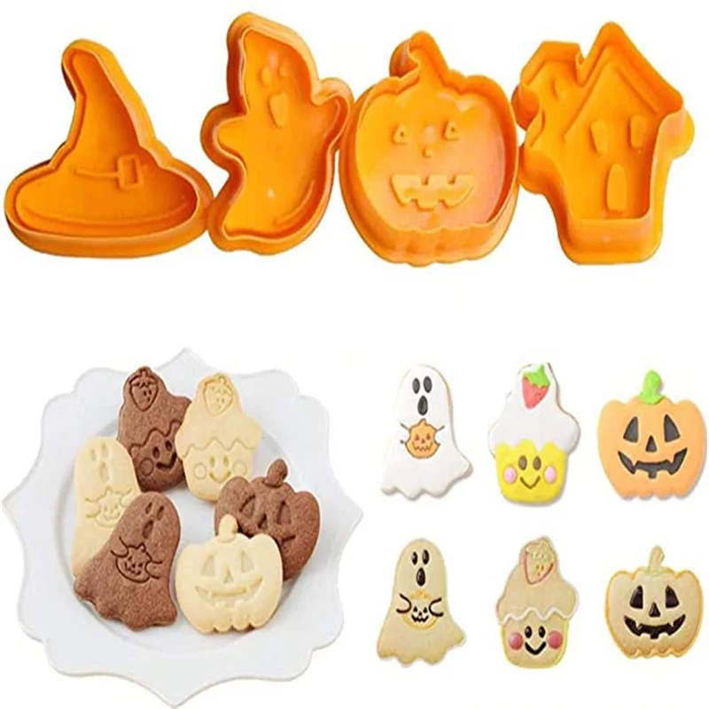 

4pcs/set Halloween 3D Cookie Mould Pumpkin Ghost Theme Plastic Mould DIY Biscuit Chocolate Baking Mould Kitchen Tools