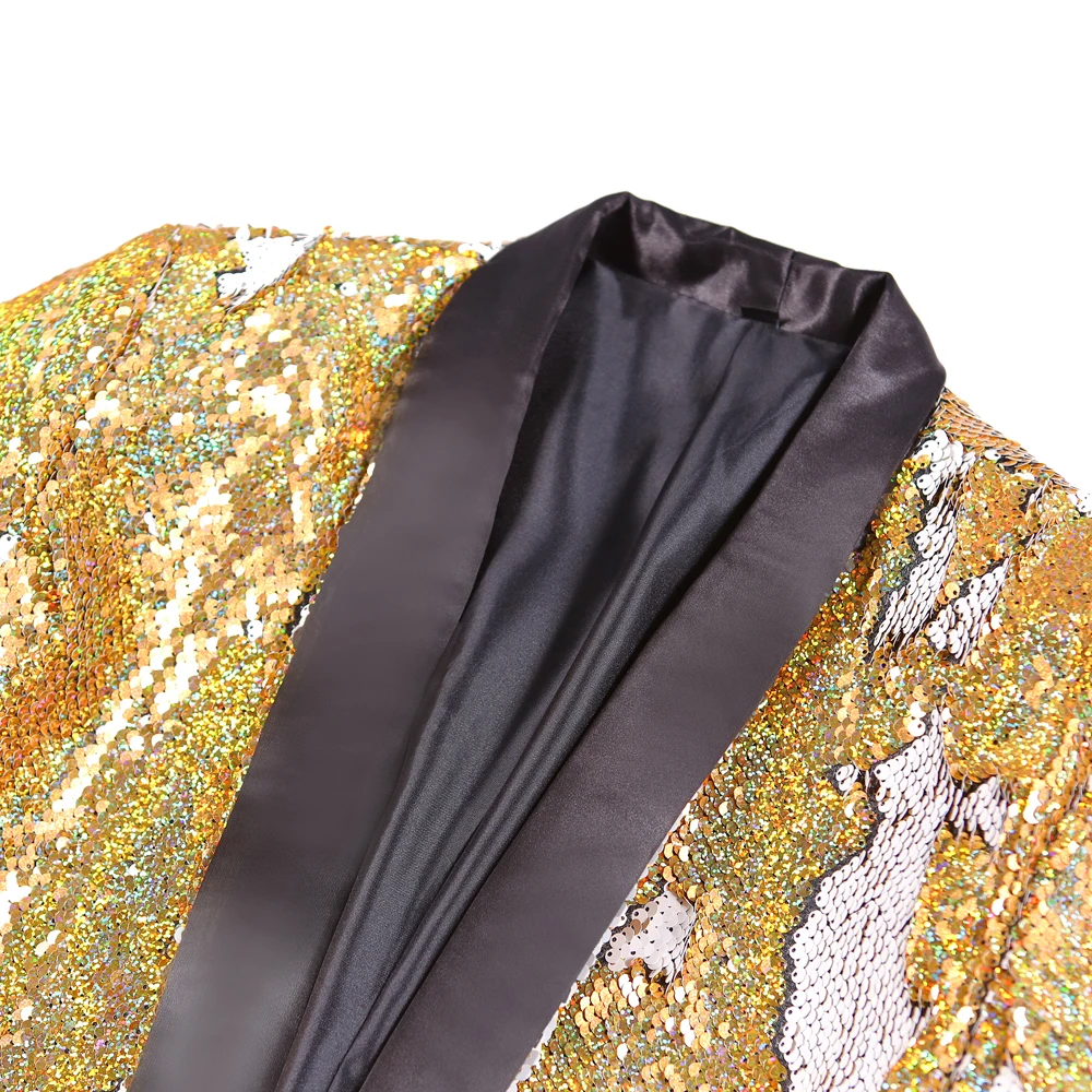 Мужской блестящий пиджак с золотыми блестками и воротником-шалью