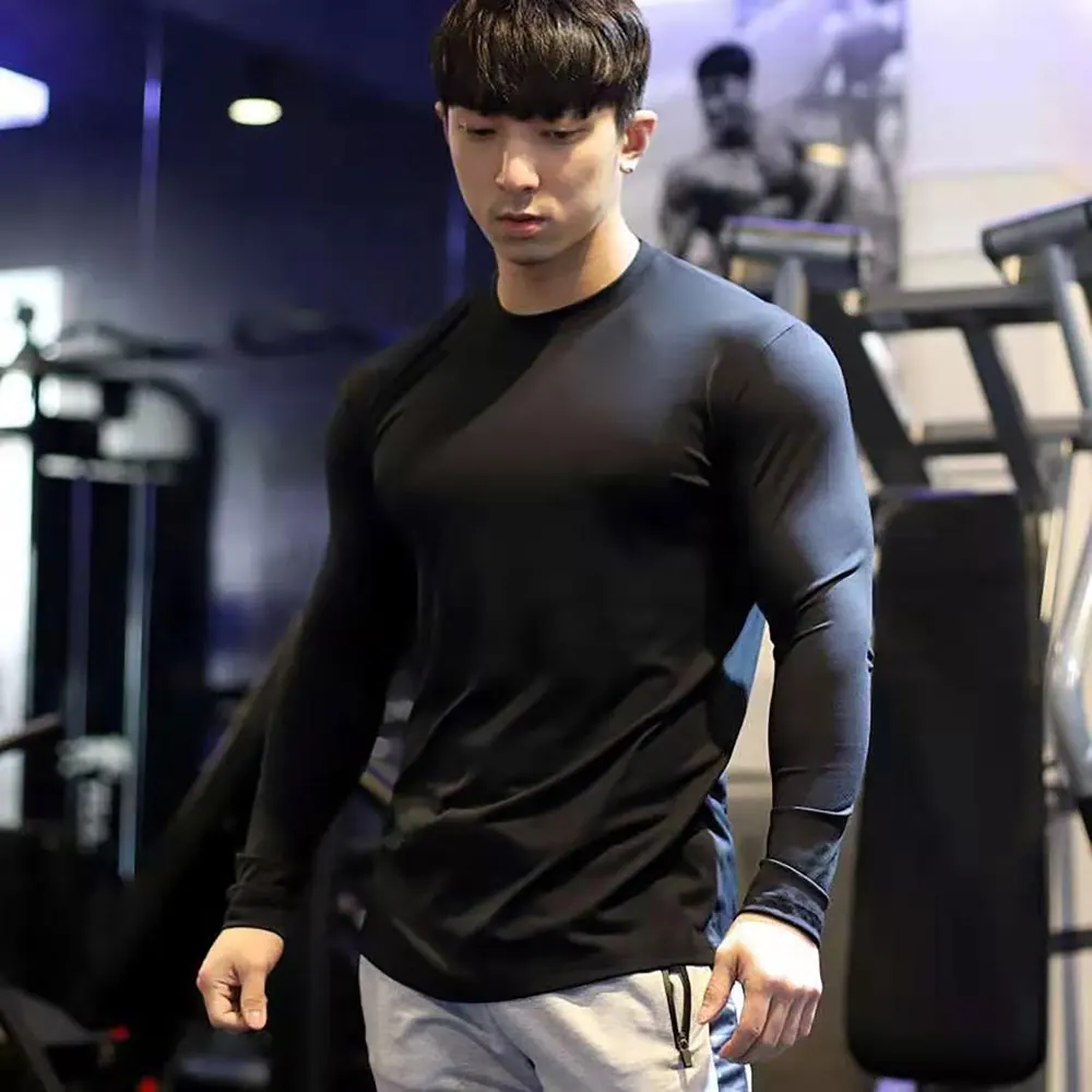 

2021 new men's T-shirt gym sports shirts cotton sweat-absorbent training long-sleeved Men gym clothing running T shirt black top