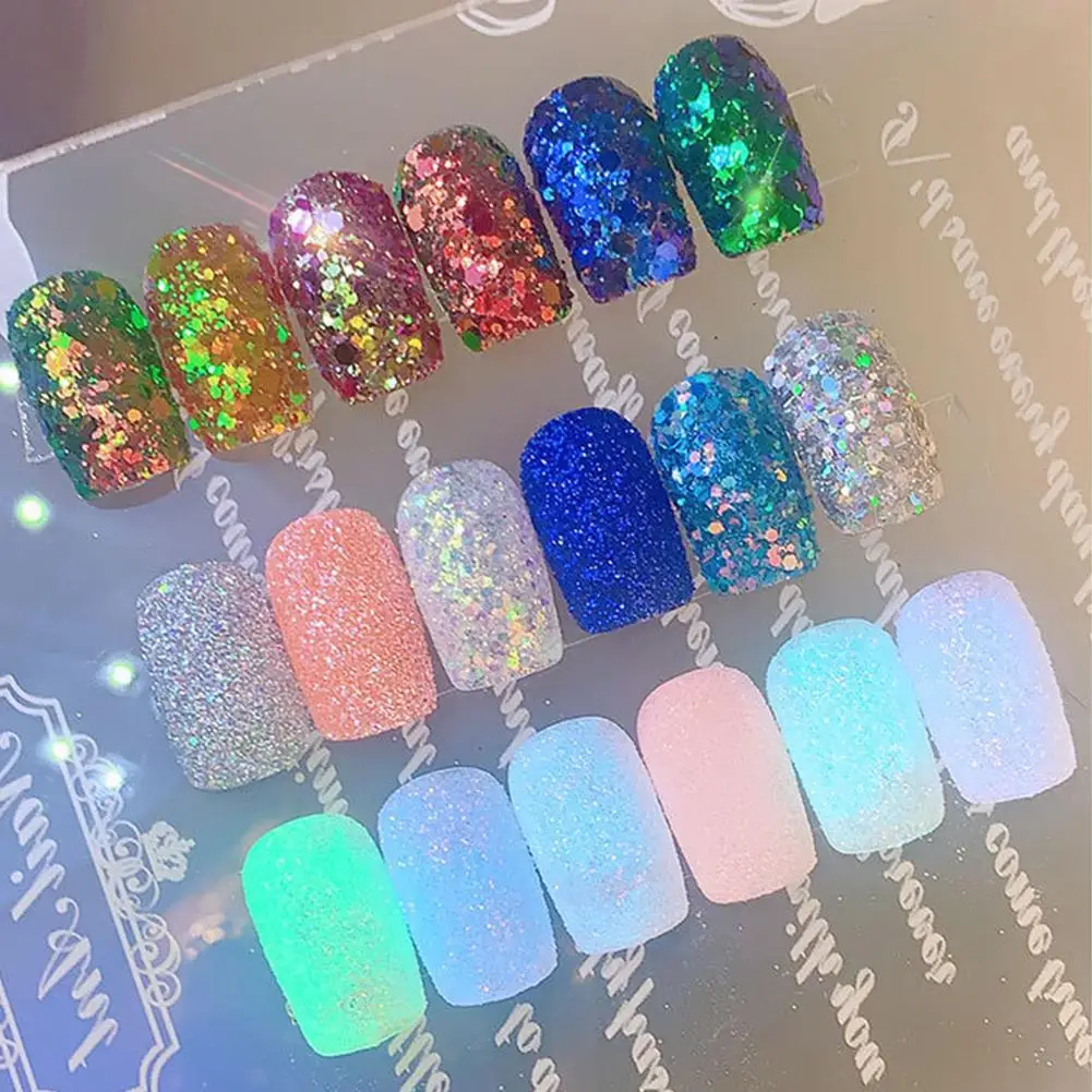 

6Pcs/Set Nail Sequins Glitter Luminous Powder Mixed Six-Sided Nail Patch Decoration Set Glitter Luminous Powder Mix
