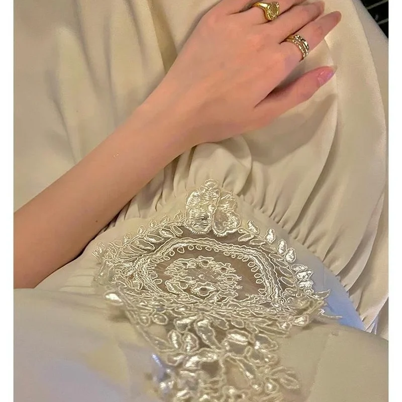 

QWEEK Elegant Sleepwear Women Summer 2021 Sundresses Vintage Lace Nightgown White Long Dress Sexy Nightie Home Clothes Nightwear