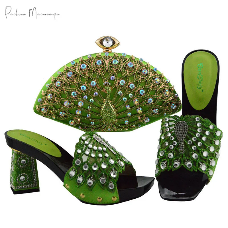 African Comfortable Italian Design Fashion Nigerian Women Shoes and Matching Bag Set in Grass Green Color for Party