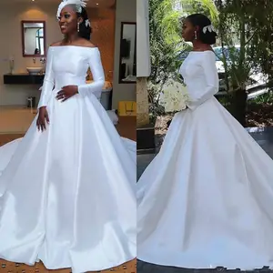 Wedding Dresses Cheap Satin Bridal Off Shoulder A-line Plus Size Wedding Gown African Girl Long Sleeve