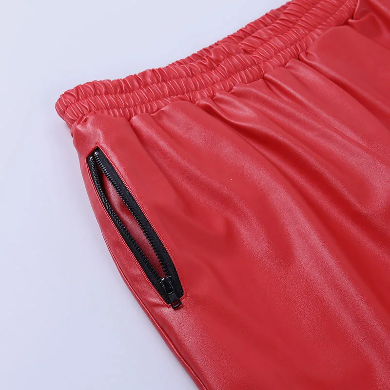 

Long Zippers 2020 Women PU Leather Pants Fashion Street Lady Elastic Waist Pants Autumn Sweatpants Pockets Cool Trousers GV110