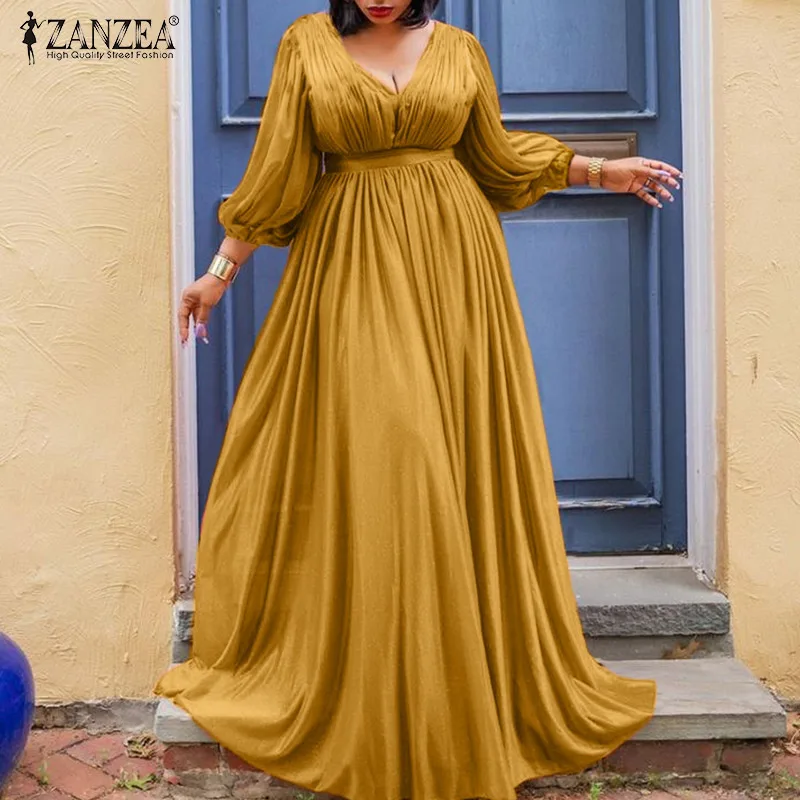 

Fashion ZANZEA Bohemian Women's Maxi Dress 2021 Spring Puff Sleeve Party Dresses Casual Solid A-line V-neck Zipper Oversize Robe