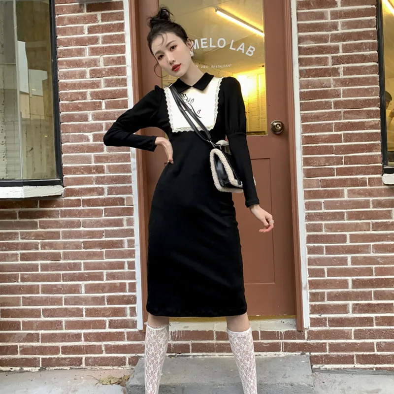 

Женское трикотажное платье с винтажным принтом, повседневное ТРАПЕЦИЕВИДНОЕ ПЛАТЬЕ С Длинным Рукавом и отложным воротником в Корейском ст...