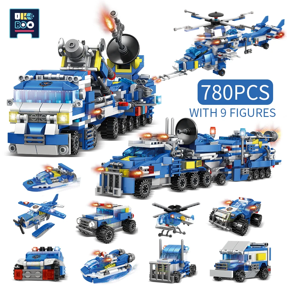 

UKBOO 780PCS 8IN1 City Police rescuers Trucks helicopter Model Building Blocks the Officers Patrol Car DIY Bricks Toys for Kid