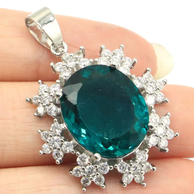 

25x17 мм Романтический Большой овальный драгоценный камень насыщенный Синий Аквамарин Белый CZ юбилейный серебряный кулон