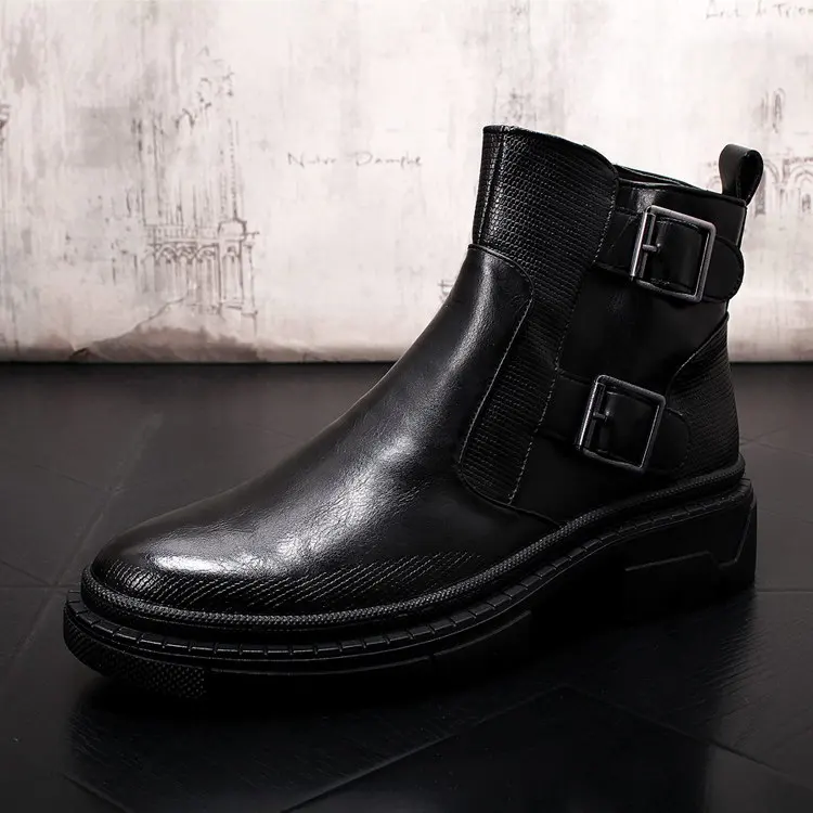 

Winter New Arrival Mens Yellow Chelsea Boots Fashion Forward Side Double Buckle Man Black Work Ankle Boots For Man Winter