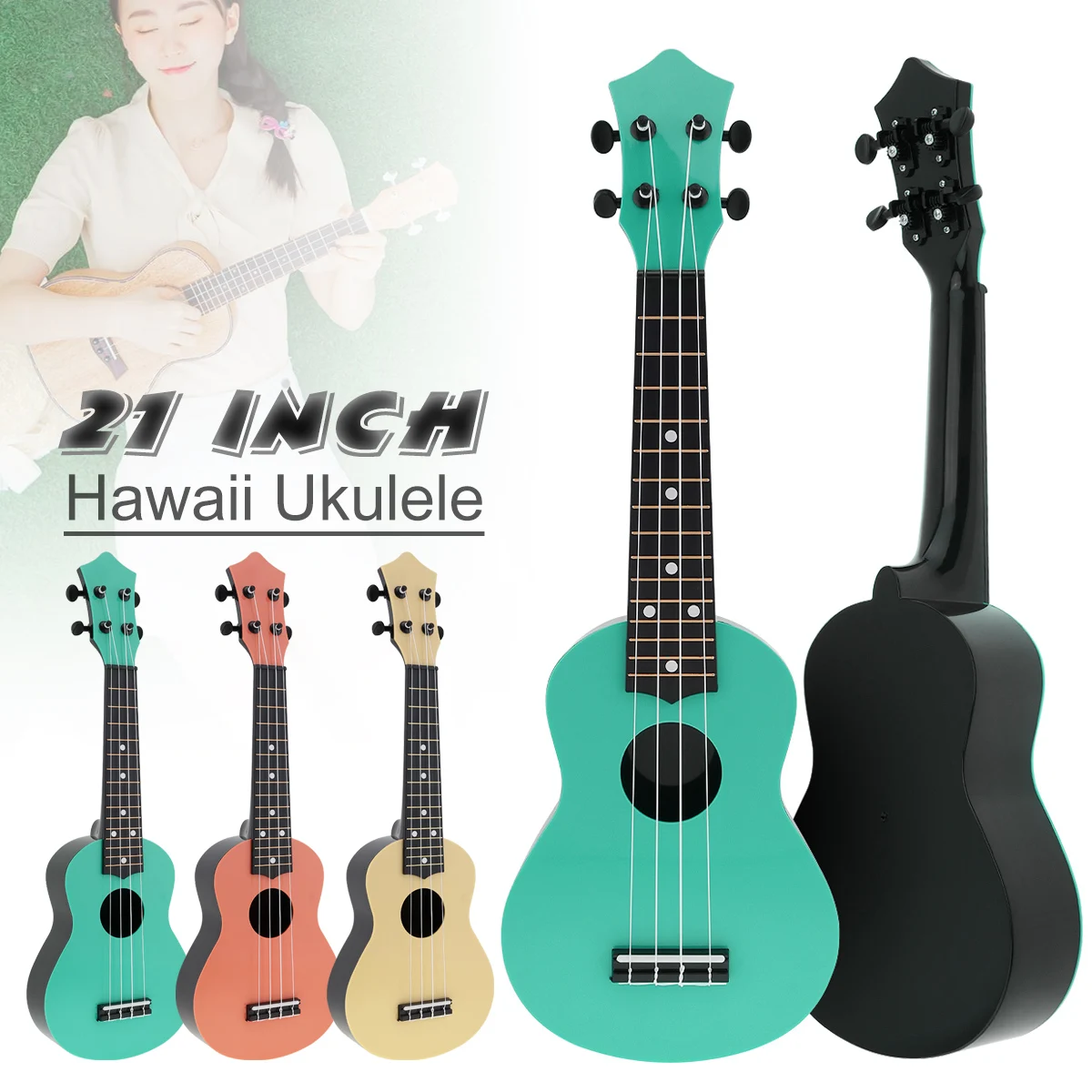 

21 Inch Soprano Ukulele Colorful Acoustic 4 Strings Hawaii Guitar Instrument for Music Beginner and Children 3 Colors Optional