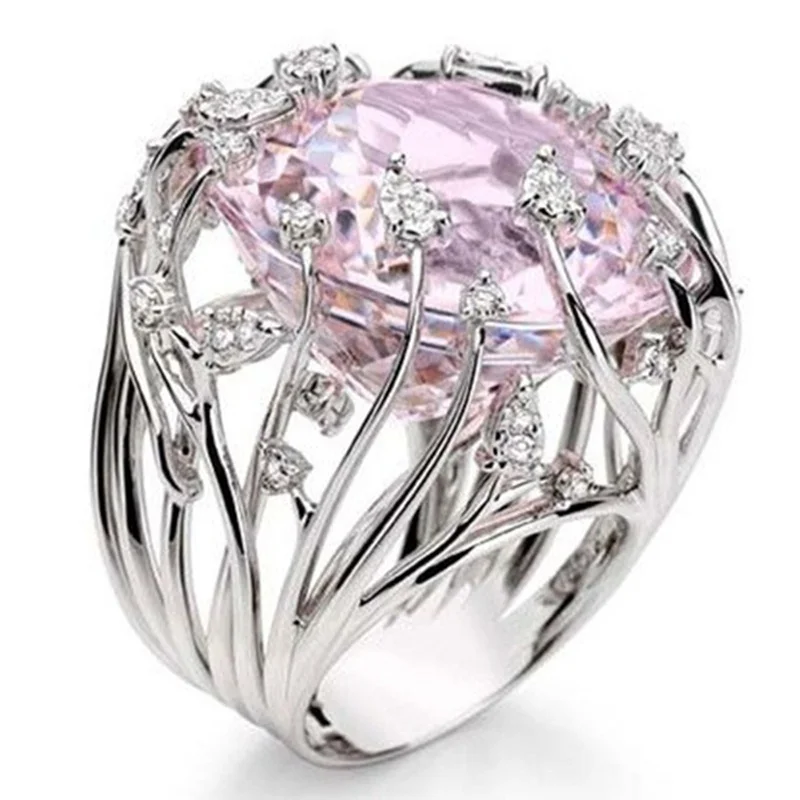 

Новое 925 пробы Серебряное кольцо, инкрустированное розовым кристаллом циркония, преувеличенное кольцо для женщин, свадебное ювелирное изделие, подарок