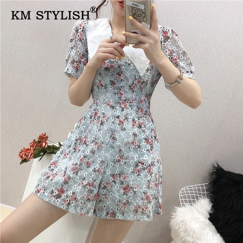 Летний женский цветочный принт с отложным воротником коротким рукавом