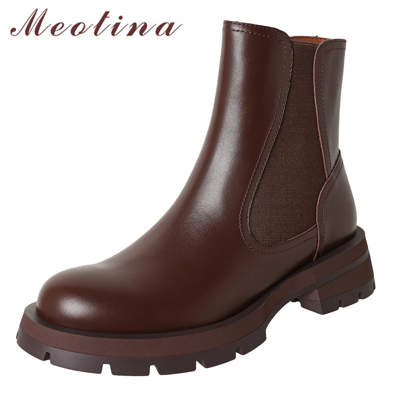 

Meotina Ankle Boots Women Genuine Leather Platform Shoes Med Thick Heels Boots Round Toe Zipper Short Lady Boots Autumn Winter