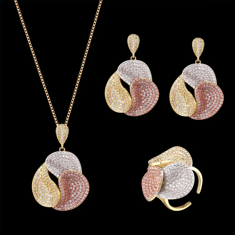 

Zlxgirl jewelry Mixed plated 3pcs Crossover Chunky Jewelry Set Women Wedding Cubic Zirconia Dubai Gold Necklace Earring Ring