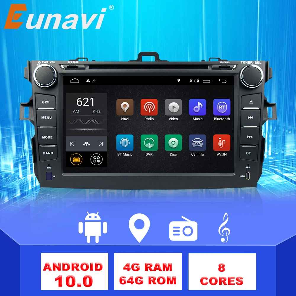 

Eunavi 2 din Android 10 auto Car DVD Multimedia for Car Toyota Corolla 2007 2008 2009 2010 2011 GPS stereo radio PC touch screen