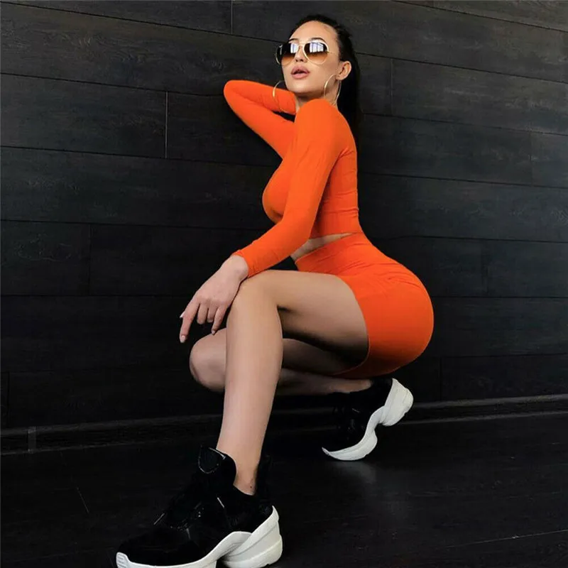 

Trendy Women clothes round neck long sleeve pullover Tops solid High waist Skirts 2pc casual Polyester Outfits