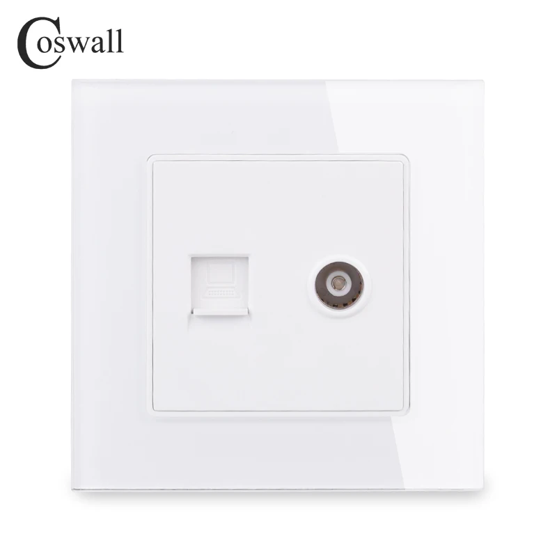 COSWALL Кристалл Закаленное стекло Блок розеток женский ТВ разъем с CAT5E RJ45 Интернет компьютер разъем для передачи данных C1 серии
