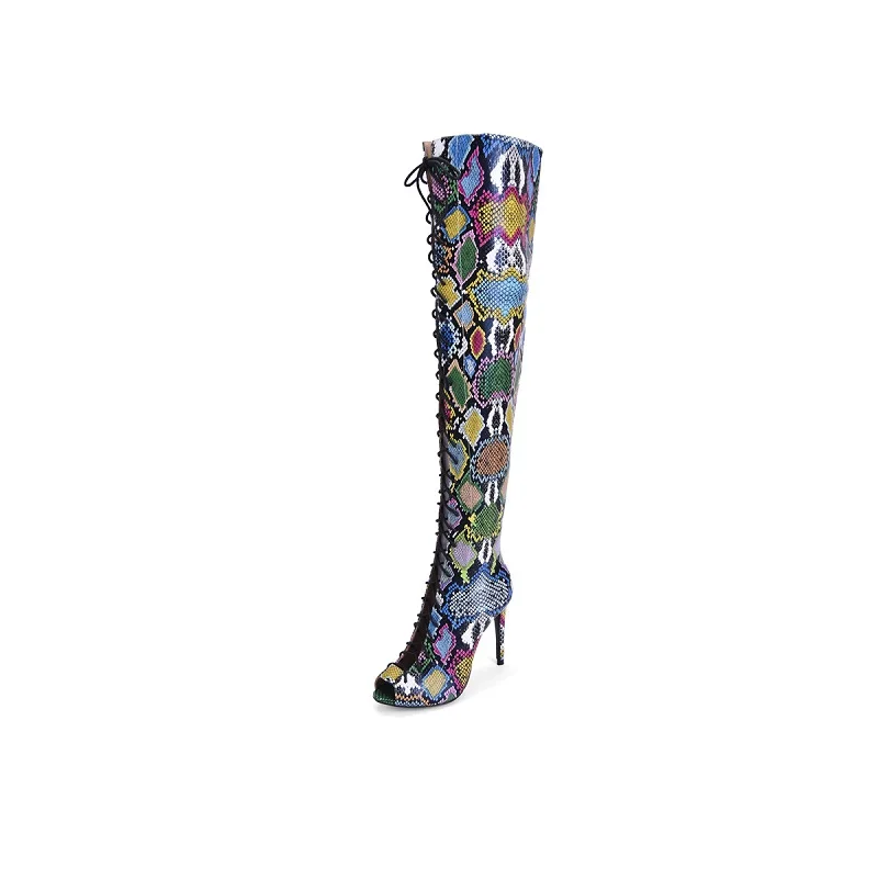 spesifikasi Wanita Seksi Serpentine Di Atas Lutut Sandal Sepatu Bot Peep Toe Renda Zipper High Heels Wanita Sepatu Ukuran 35 45 52