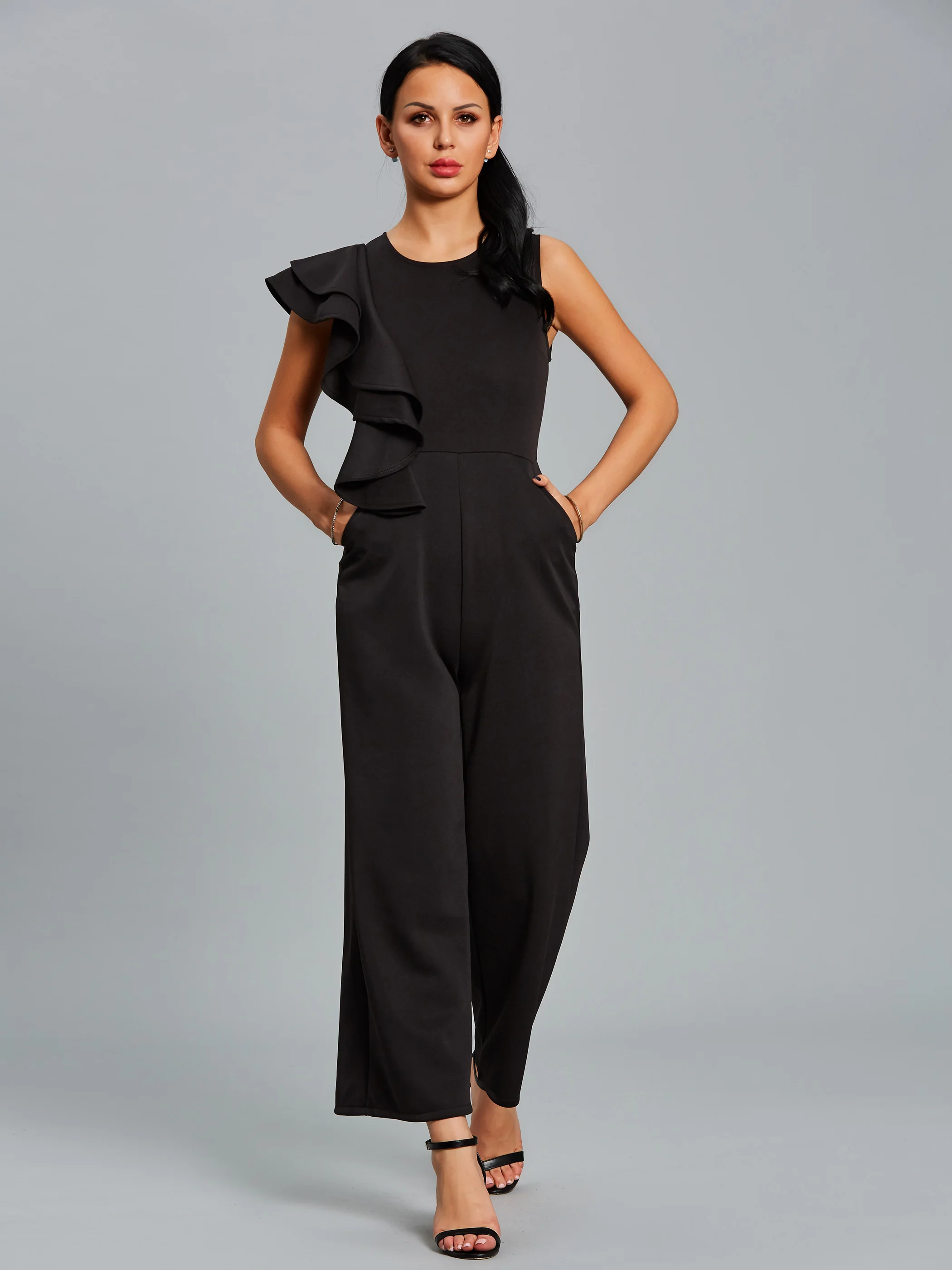 

Slim Asymmetric Falbala Patchwork Black Women Jumpsuits New Chic Summer One Piece Rompers Playsuits Office Lady Wide Legs Pants