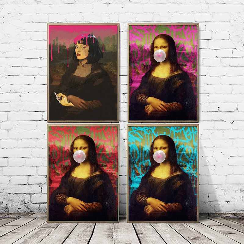 

Vintage Canvas Painting Mona Lisa Spit Bubbles Graffiti Printed on The Wall Art Picture Living Room Home Decoration Frameless