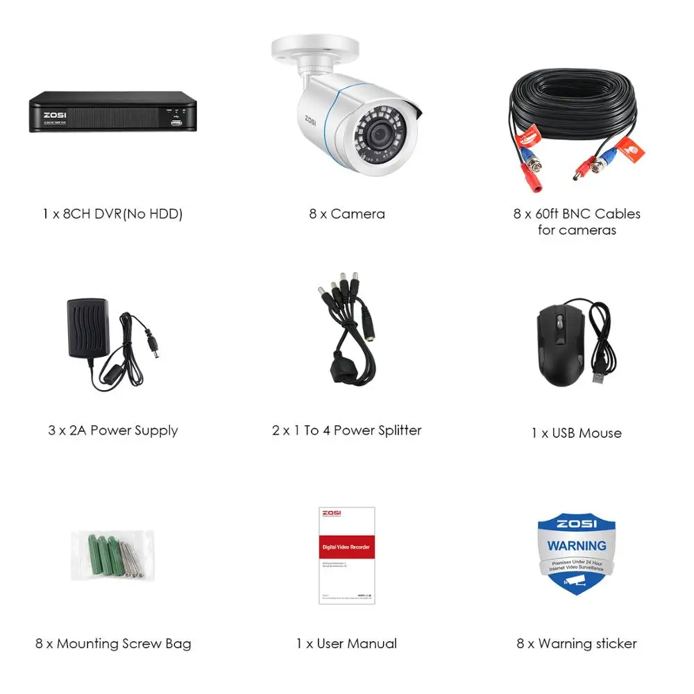 ZOSI 720P 8-канальный сетевой видеорегистратор 4-в-1 CVBS AHD CVI TVI CCTV Системы DVR 1MP массивная пуля, открытая видео ночного видения Системы видеонаблюдения DVR комплект HDD