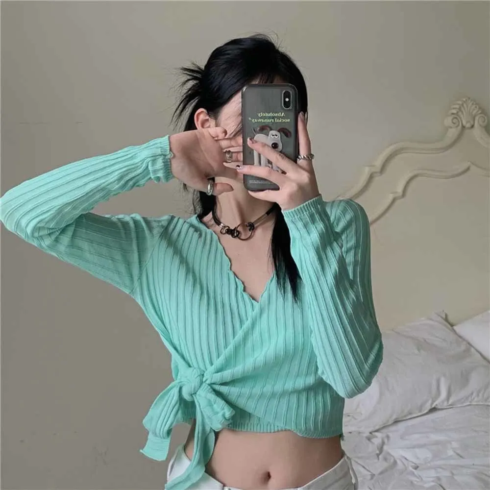 

Женский Асимметричный вязаный пуловер с перекрестным V-образным вырезом и поясом-бантом, Женский Осенний облегающий эластичный модный свит...