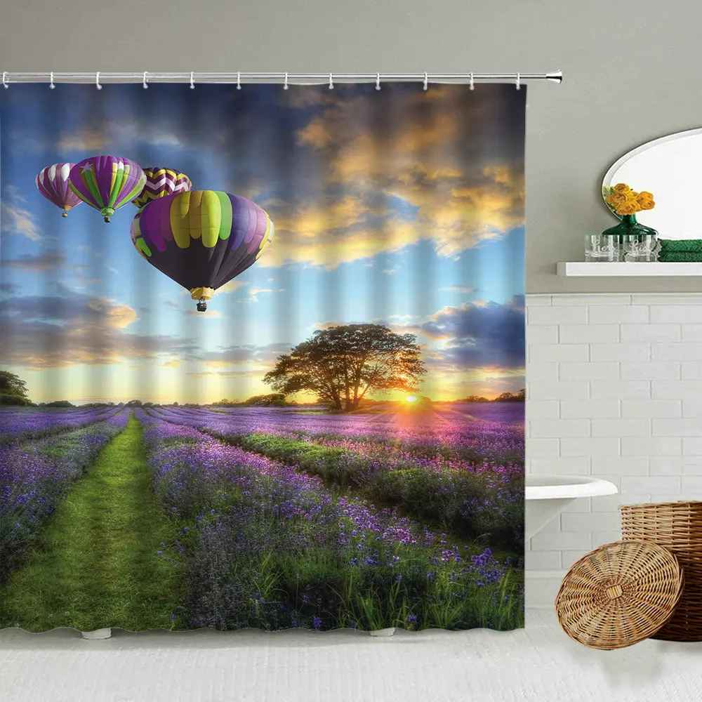 

Lavender Countryside Natural Landscape Shower Curtain Hot Air Balloon Sunset Scenery Family Bathroom Waterproof Cloth Screen Set