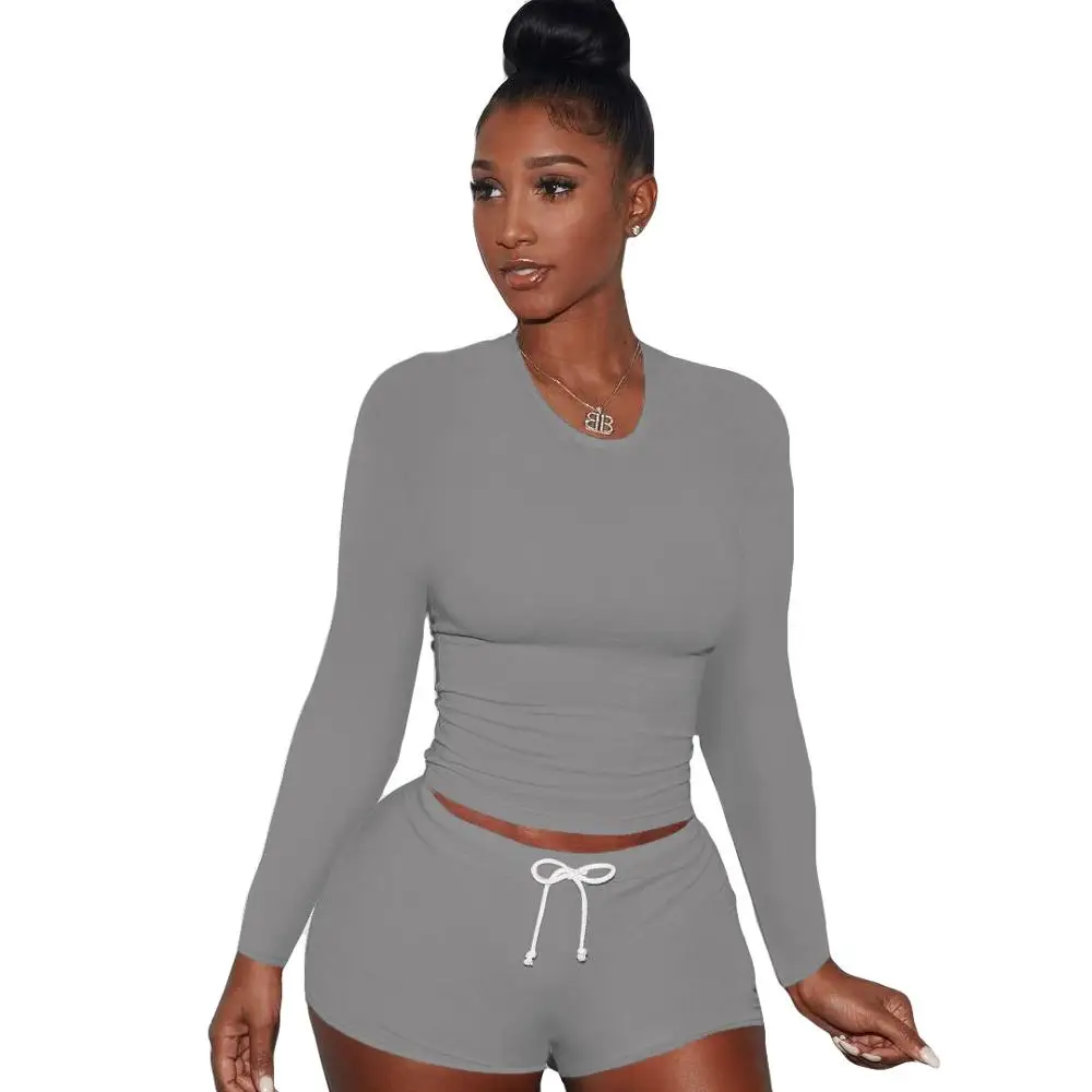 

Casual Solid Fashion Women Tracksuits O-Neck Long Sleeve Skinny Tees High Waist Drawstring Shorts Suitable Sports Club Autumn