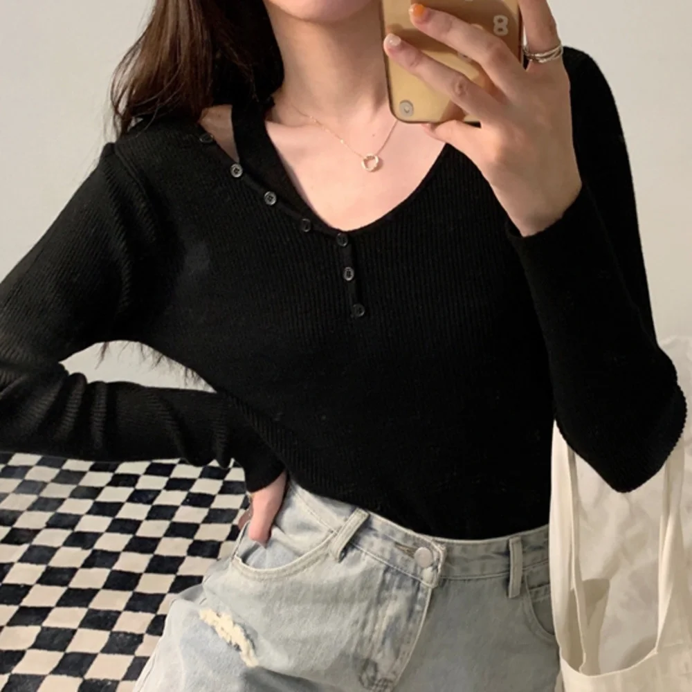 

Корейский топ для ранней осени, новинка, женский свитер 2021, утепленная рубашка с длинным рукавом и открытыми плечами, с внутренним низом, на ...