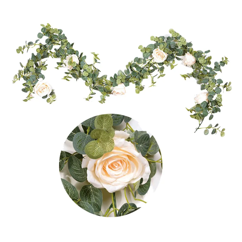 Горячая XD искусственная 1 8 м эвкалиптовая гирлянда с розами шампанского зелени