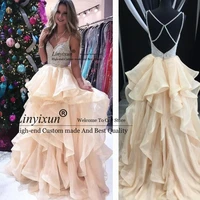 sexy 2020 fashion v neck champagne long prom dresses beading bodice sexy backless evening dress party gown vestido de festa