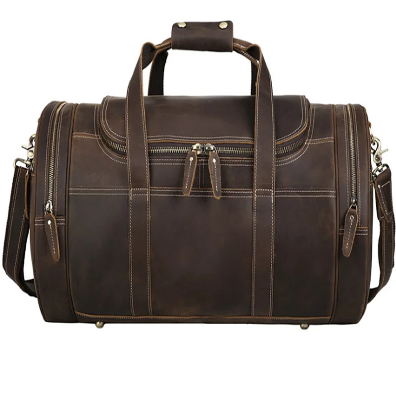 

Multifunctional Cylindrical Leather Gym Bag For Men Crazy Horse Leather Portable Travel Bag
